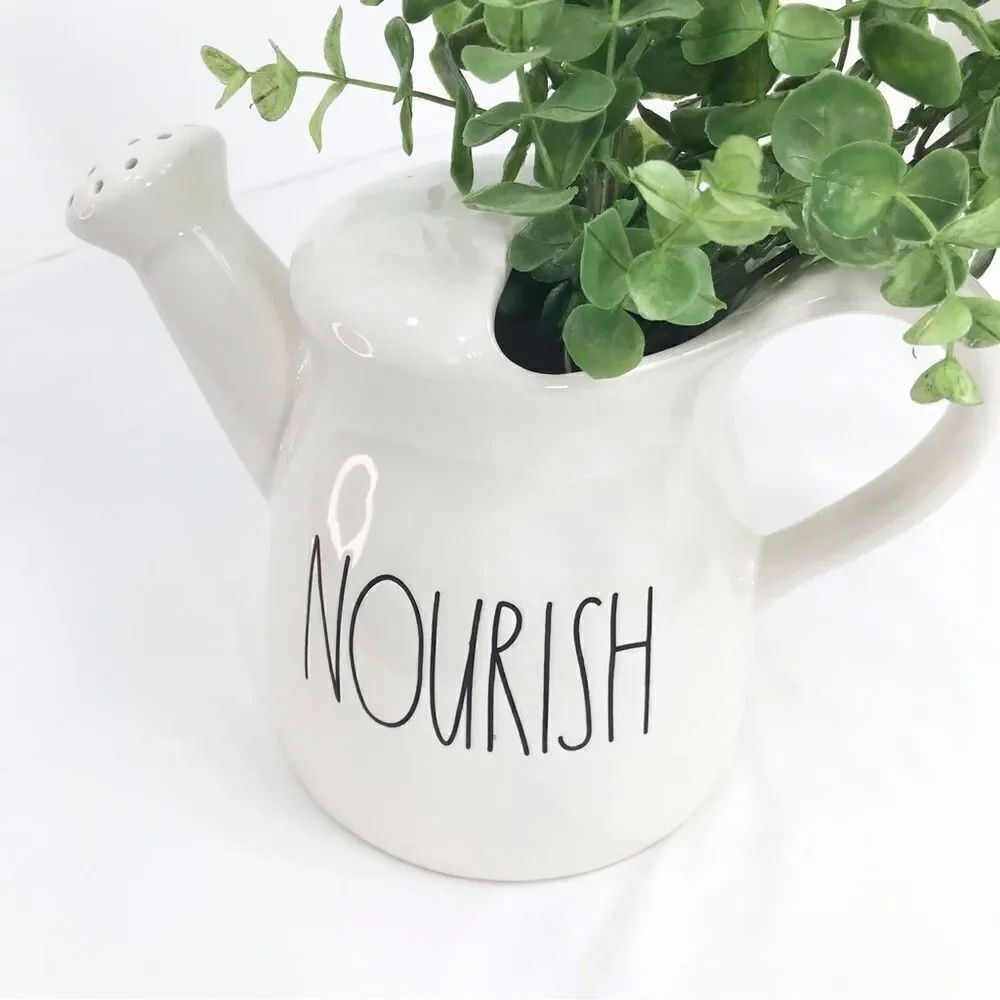 Rae Dunn Nourish White Black Ceramic Watering Can Vase